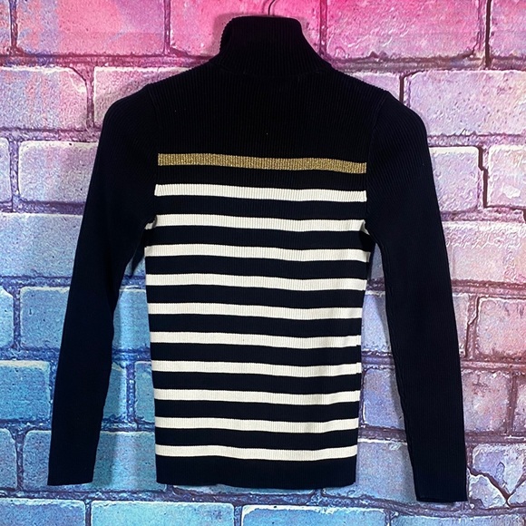 Lauren Ralph Lauren Striped Ribbed Turtleneck Sweater Black White Gold Size M - Picture 4 of 7